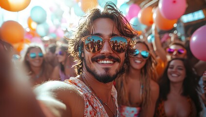 Wall Mural - A handsome man takes a selfie with his friends at a music festival, with a crowd of people in the background, wearing sunglasses and smiling. 