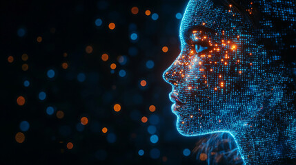 Human head silhouette with code data. 3D Rendering