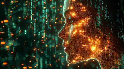 Human head silhouette with code data. 3D Rendering