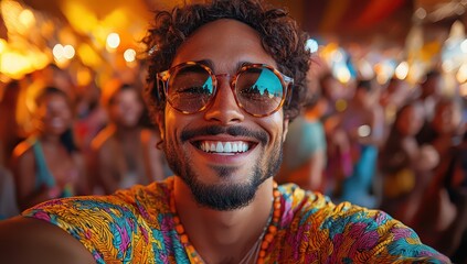 Wall Mural - A happy man taking a selfie at a music festival with a crowd in the background, under golden hour lighting. A young, handsome guy wearing sunglasses and a colorful enjoying a summer party outdoors.