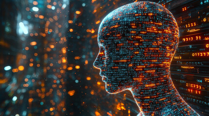 Human head silhouette with code data. 3D Rendering