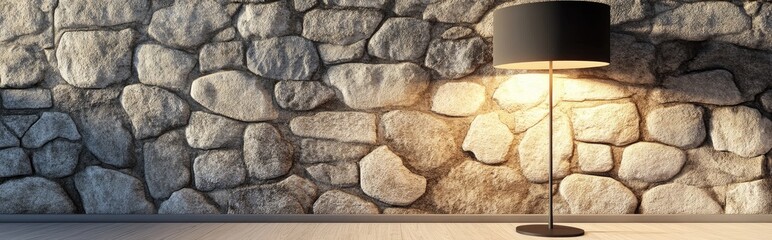 Modern interior design featuring a lamp and stone wall in an empty room 3D rendering