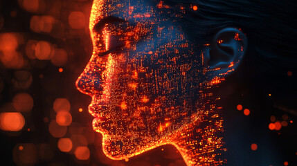 Human head silhouette with code data. 3D Rendering