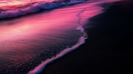 sunset over beach with black sand and pink wave creating stunning and warm atmosphere