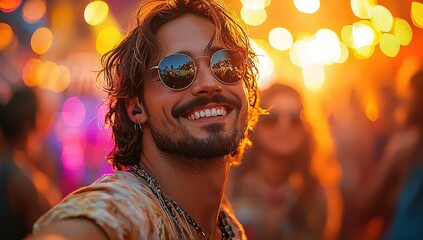 Wall Mural - A man takes a selfie with his phone at a music festival, smiling and wearing sunglasses, with a crowd in the background and the golden hour light.