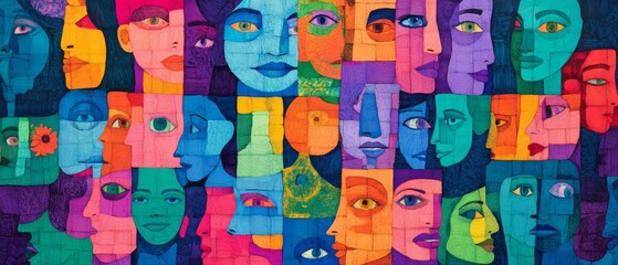 Poster - Colorful Mosaic of Faces in Vibrant Shades