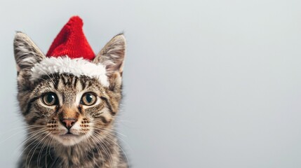 Wall Mural - Festive feline portrait: adorable tabby cat wearing a miniature Santa hat, gazing intently with bright eyes against a neutral background, embodying holiday cheer.