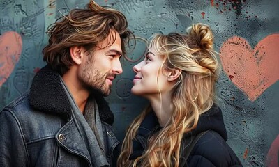 Wall Mural - A couple gazes lovingly into each other's eyes, surrounded by vibrant hearts on a textured wall, reflecting their deep connection in a picturesque urban landscape