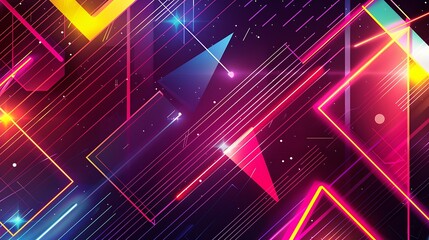 A vibrant display of abstract geometric shapes and neon lines against a modern retro 80s style backdrop. The digital illustration showcases a fusion of nostalgia and contemporary design.