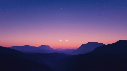 Fototapete - Twilight sky after sunset featuring two stars and a silhouette of mountains in a 3D cartoon rendering with a soft focus effect