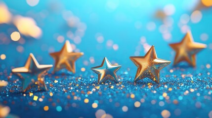Poster - Glitter star background design template featuring shiny decorative stars on a blue backdrop in 3D cartoon style with copy space