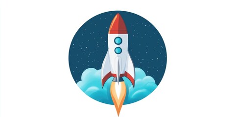 Aufkleber - Space rocket launch in a blue circle with stripes depicted in 3D cartoon rendering