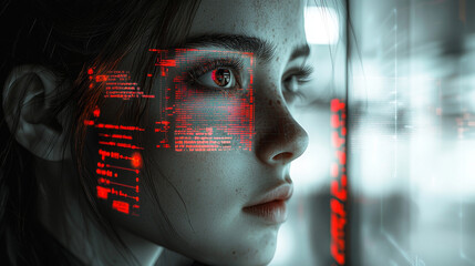 Poster - Portrait of a futuristic android woman with advanced technology data overlay