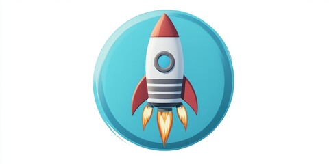 Aufkleber - Space rocket launch in a blue circle with stripes depicted in 3D cartoon rendering