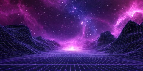 Poster - Abstract ultraviolet landscape depicted in a 3D cartoon rendering against a dark background featuring a purple cyberspace grid and a violet starry outer space texture Vertical image orientation 3D