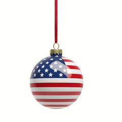 christmas ball with american flag isolated on white background. shiny glass ornament with usa flag f