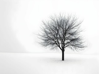 A solitary tree stands in a snowy landscape during early winter against a serene white backdrop