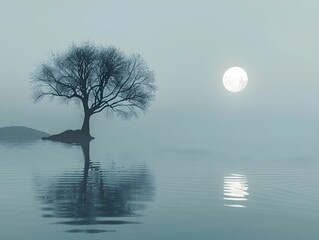 Wall Mural - A solitary tree stands in still water under the full moon at twilight, reflecting the peaceful atmosphere of nature