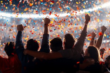 Wall Mural - Celebration in a stadium with fans cheering and confetti falling during a major sporting event at night