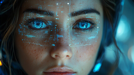 Wall Mural - Portrait of a futuristic android woman with advanced technology data overlay