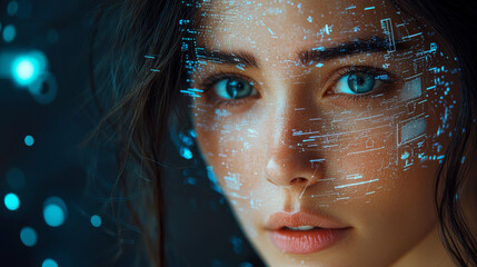 Portrait of a futuristic android woman with advanced technology data overlay