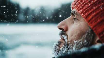 The image shows a person wearing a vibrant red hat standing in a snow-covered landscape, capturing the serene and cold ambiance of a winter wonderland with falling snowflakes.