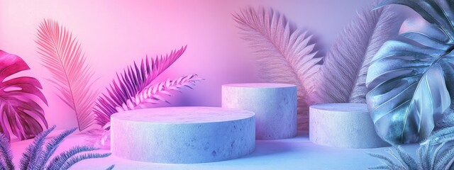 Aufkleber - Stone display podium featuring natural leaves on a white background 3D rendering
