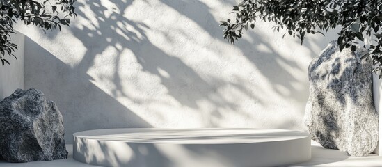 Aufkleber - Natural beauty podium backdrop featuring stone texture and shadows from tree leaves ideal for cosmetic product presentation 3D rendering