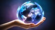 © Oleks Stock - Global Hologram of Earth in Hand – Business and Environmental Protection Concept on Dark Background