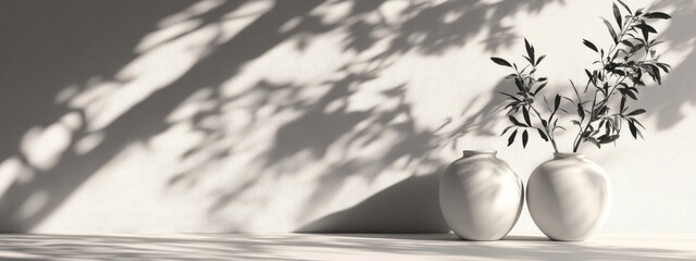 Poster - Monochromatic backdrop featuring vases shadows of trees and natural light 3D render