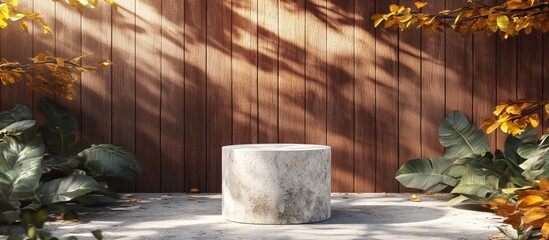 Aufkleber - Elegant stone pedestal surrounded by soft foliage and dappled sunlight A wooden backdrop enhances depth and sophistication perfect for high end product displays and refined designs