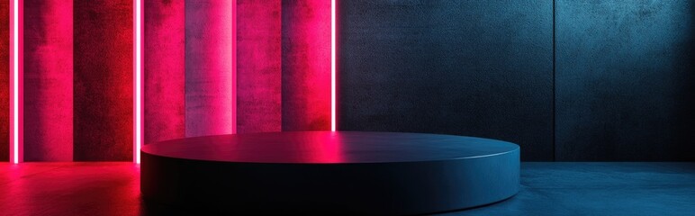 Poster - Metallic dark podium with a neon red and pink light backdrop against a black themed metal wall 3D rendered illustration