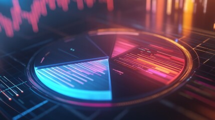 Poster - A close-up of a 3D pie chart on a digital screen, with dynamic shadows and highlights emphasizing the data segments and their relative sizes