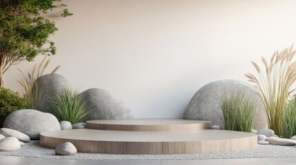 Aufkleber - Product display podium featuring an abstract backdrop with stones and grass elements 3D rendering
