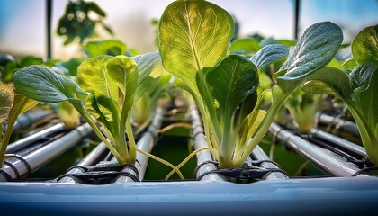 Wall Mural - Close-up of hydroponic system with water flowing through tubes, nourishing plants.