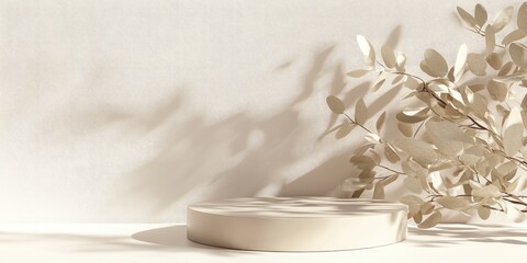 Poster - Product presentation pedestal featuring shadowed natural leaves on a light background 3D rendering