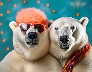 Wall Mural - Close-up of polar bears with mismatched accessories and joyful expressions.