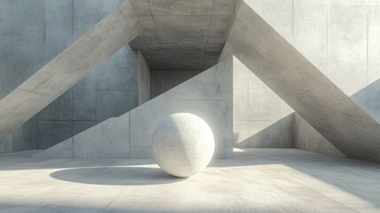 Poster - Abstract interior background featuring a concrete space with a geometric arrangement of cubes and a sphere showcasing minimalistic architecture through 3D rendering