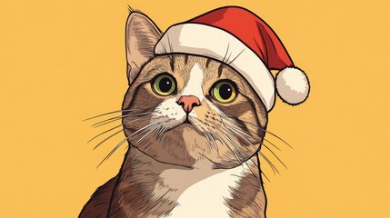 Wall Mural - Humorous hand drawn line art of a cat donning a Santa hat in a playful 2D cartoon style