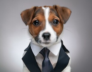 Wall Mural - Close-up portrait of a Jack Russel puppy in a tailored suit and silk pocket square.