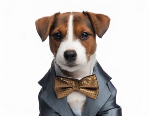 Wall Mural - Close-up portrait of a Jack Russel puppy in a tailored suit and silk pocket square.