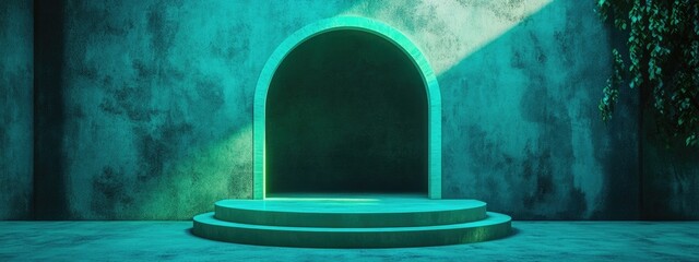 Poster - 3D scene featuring a green podium set against a square textured arch and wall backdrop
