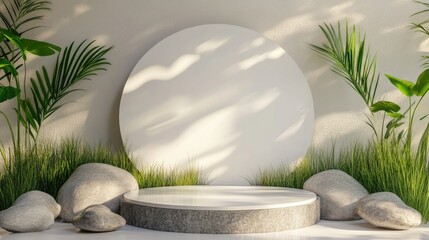 Aufkleber - Product display podium featuring an abstract backdrop with stones and grass elements 3D rendering