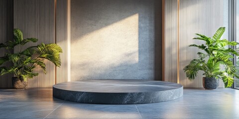 Poster - Granite podium in a minimalist design with a tropical aesthetic 3D rendering