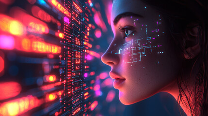 Wall Mural - Side profile of a futuristic artificial intelligence computer head with glowing lines and data