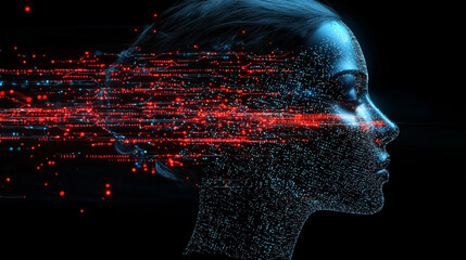 Poster - Side profile of a futuristic artificial intelligence computer head with glowing lines and data