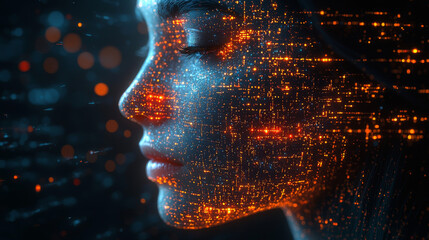 Canvas Print - Side profile of a futuristic artificial intelligence computer head with glowing lines and data