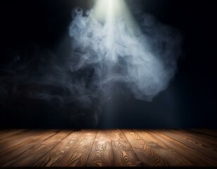 dark room with wooden table and smoke illuminated by spotlight.