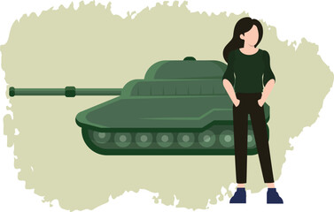 The girl is standing next to a military tank.