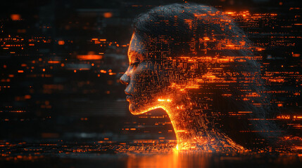 Poster - Side profile of a futuristic artificial intelligence computer head with glowing lines and data